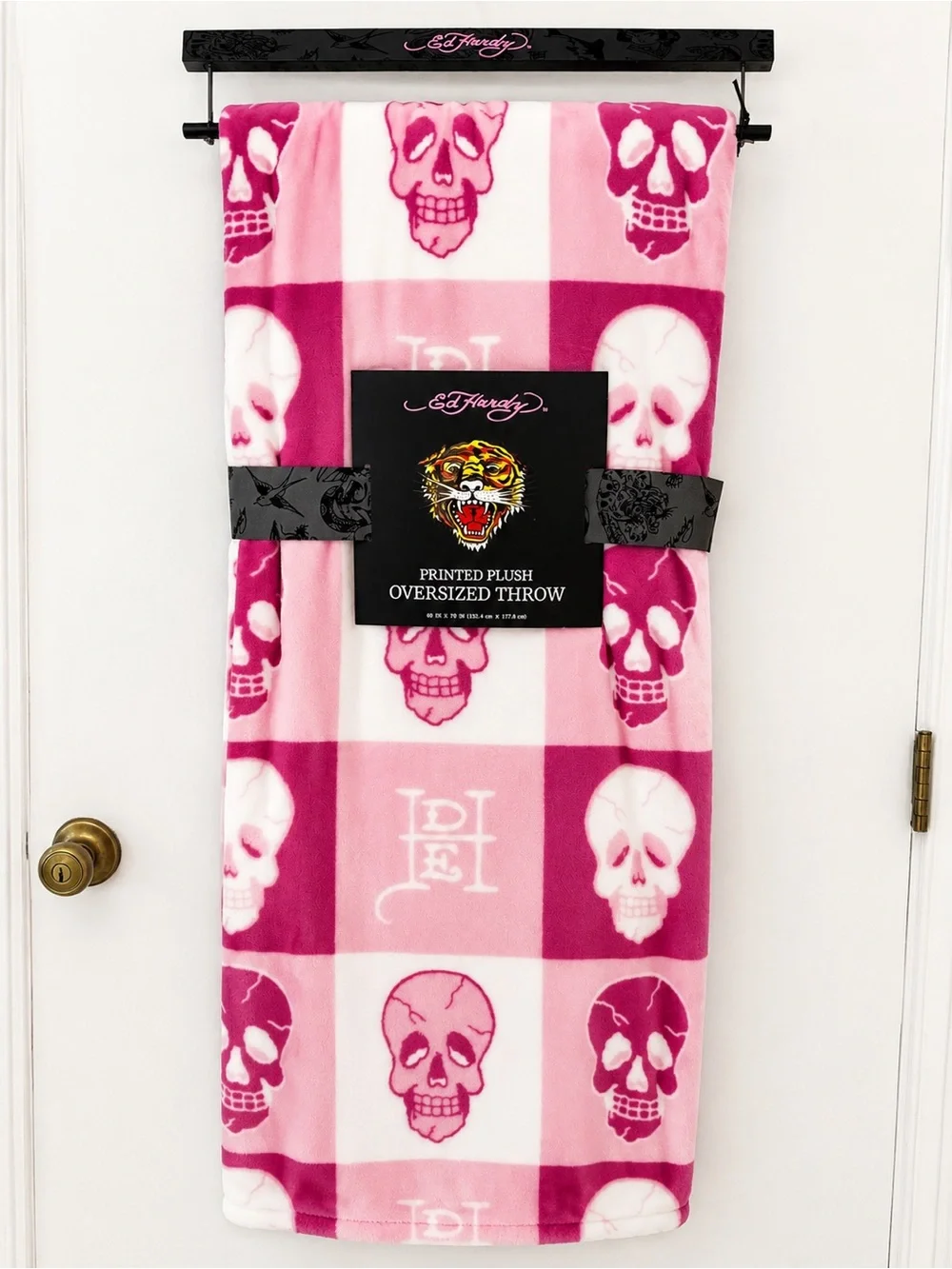 Ed Hardy Pink & White Skull Plush Oversized Throw Blanket